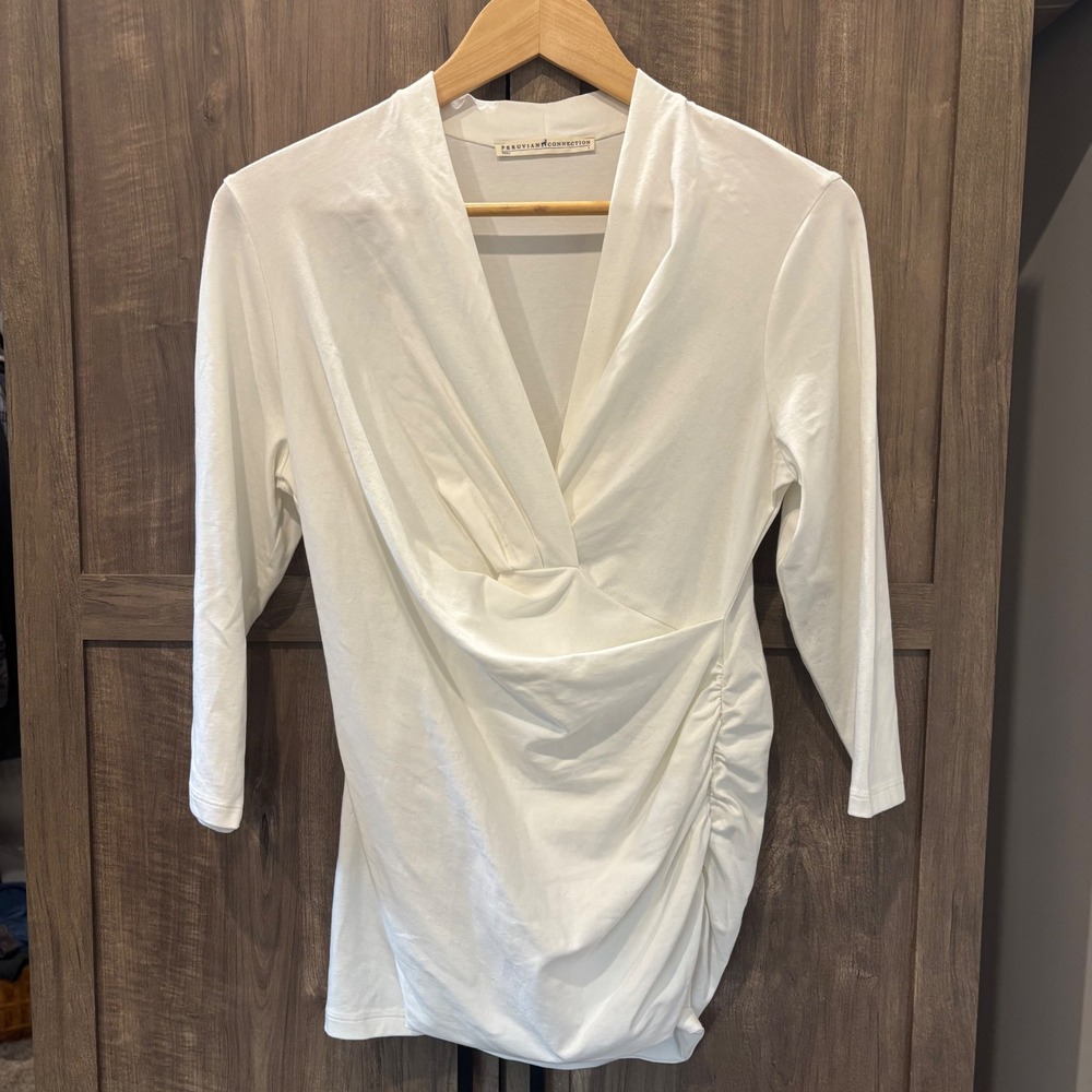 Peruvian Connection Ivory 3/4 Sleeve Cyprus Top Pima Cotton Ruched Wrap Size L